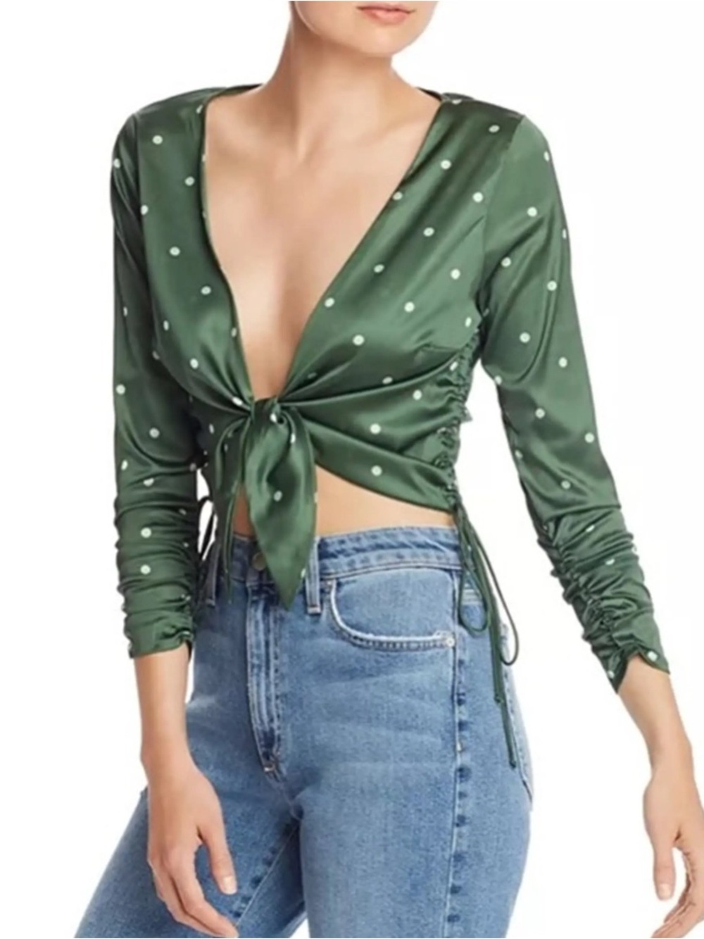 8 Birdies Olive Green Polka Dot Satin Tie-Front Top, Small